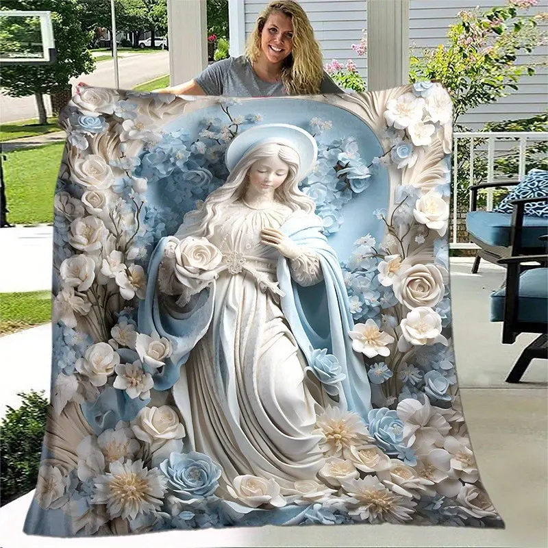 2D Blessed Virgin Mary Catholic Flannel Plush Blanket - Blue White Flower Design, Elegant Patterned Wrap, Multi-Color, Oversized Throw, Plush Texture, Multi-Size, Warm Cozy, Bedroom/Sofa Bedding, Ideal Baptism Gift for Catholic Believers, Flower Blankets,
