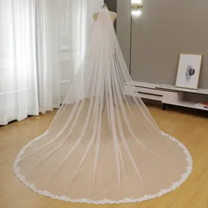 Cathedral Bridal Veil with Floral Lace Edge - Sheer Tulle Wedding Veil