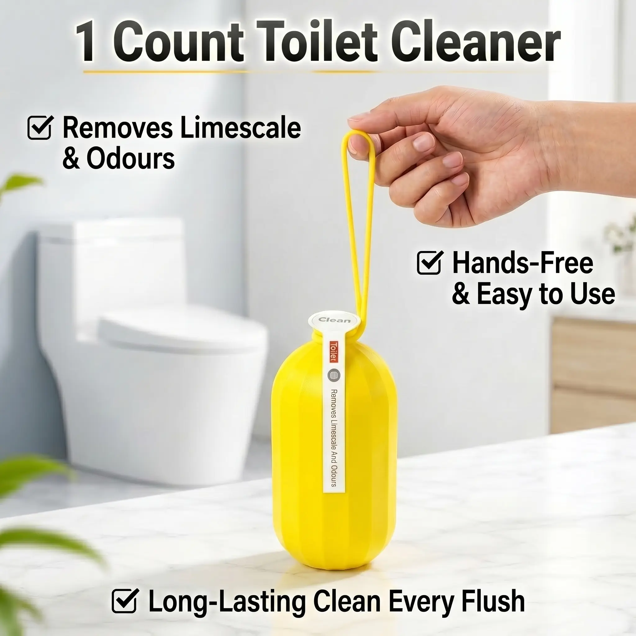 1 Count Automatic Toilet Bowl Cleaner, automatic flushing action, tank and pipe cleaning, no manual scrubbing