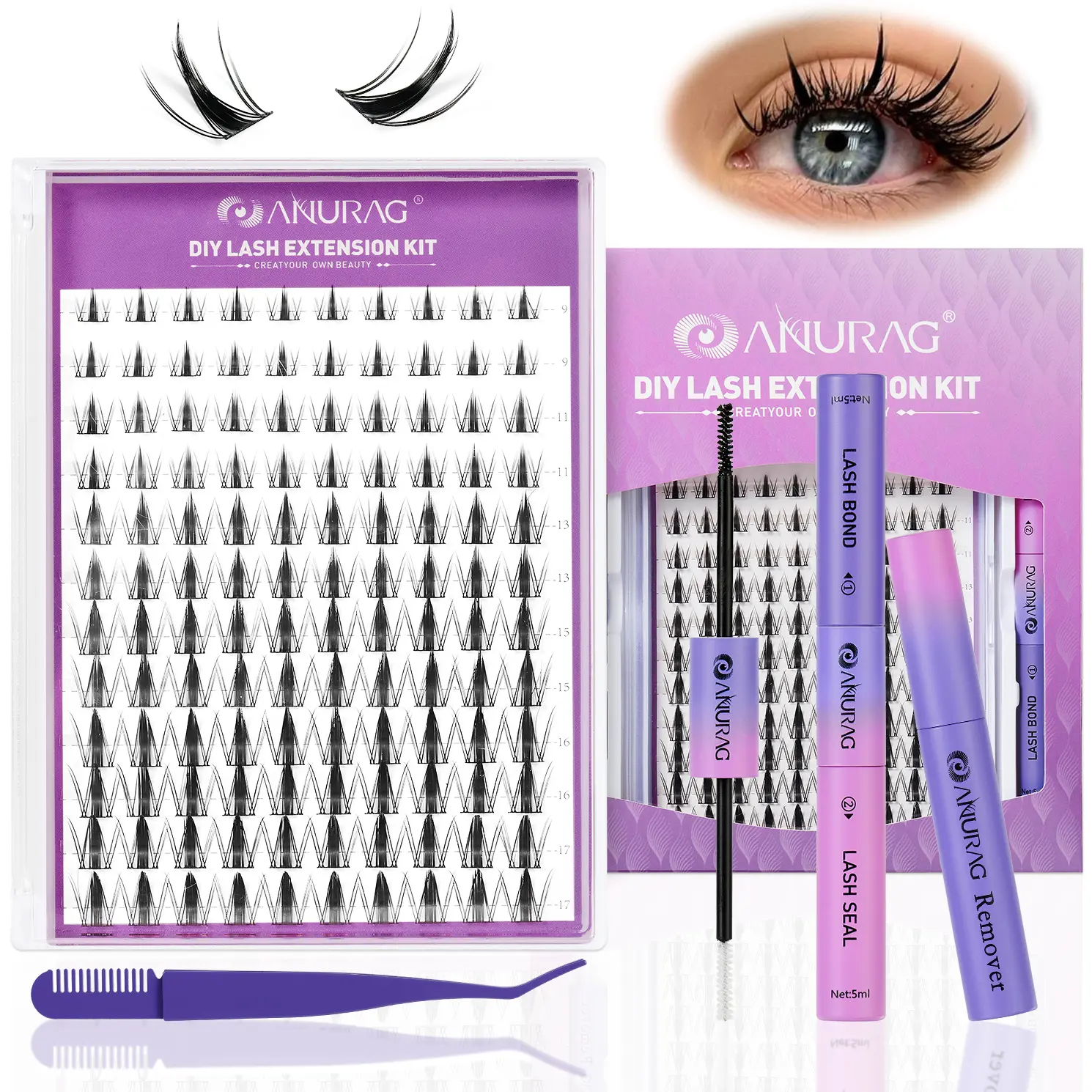 ANURAG DIY Lash Extension Kit for Beginners - 140pcs Wispy C Curl Cluster Eyelashes (9-17mm), Bond and Seal, Tweezer - Christmas, New Year Gifts，#SummerWins #DealsForYouDays #Father's Day gift