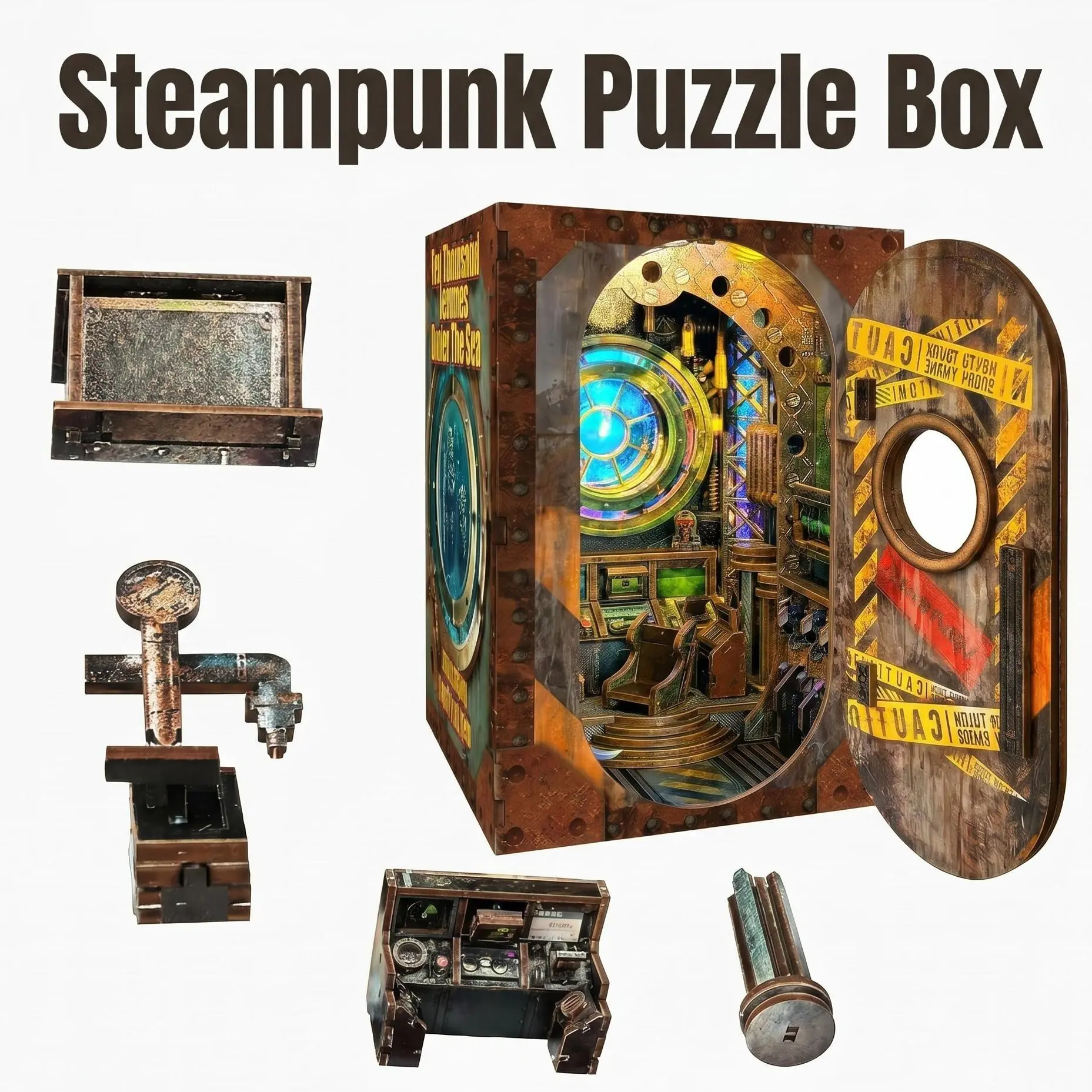 Retro Industrial Steampunk Mysterious Underwater Vessel Book Nook DIY Kit, Illuminated Wooden Construction Puzzle Model, Mini Illuminated Diorama Book Insert, Vintage Bookshelf Decoration, Unique Gift for Craft Enthusiasts