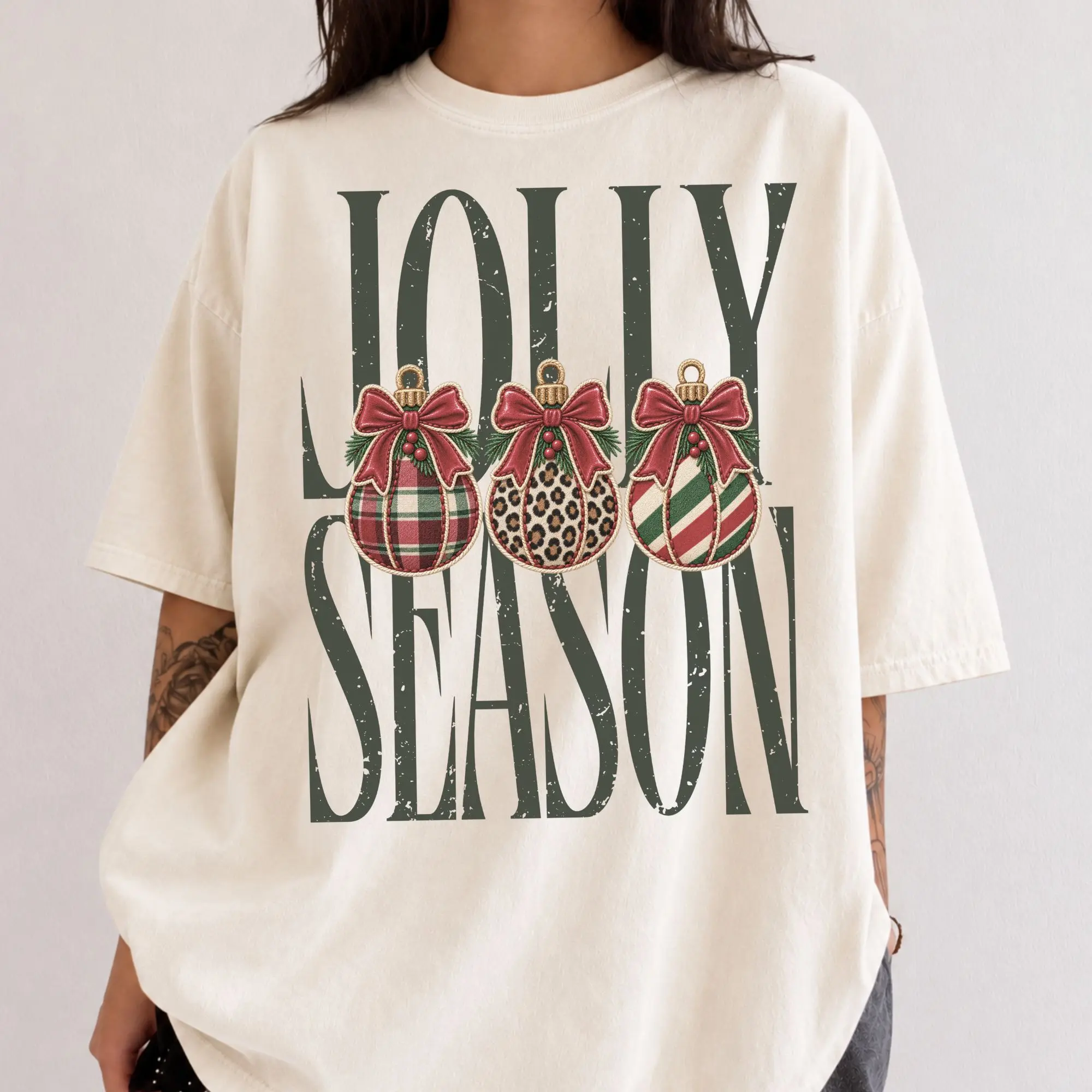 Jolly Season Christmas Shirt, Patchwork Christmas Ornaments Tee, Trendy Holiday Graphic Top, Coquette Xmas Shirt, Vintage Christmas Gift
