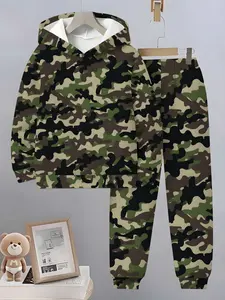 Boys' Fashion Camouflage Pattern 3D Printed Hoodie Set, Long Sleeve Sports Wear, Spring Fall Winter Outdoor Hoodies, Casual Fitted Sweatpants, Camo Suit