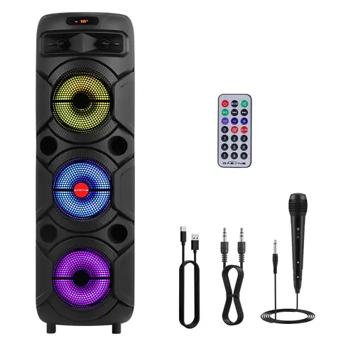 DAZONE Portable High-Power PA Bass Speaker, 3x8in Subwoofer, 45W Loud Output, Enhanced Audio Experience, Wireless Karaoke, Bluetooth TWS, Rechargeable, FM Radio, Remote Control, Microphone, LED Lighting, 10m Range, Gift Ideas for Music Lovers