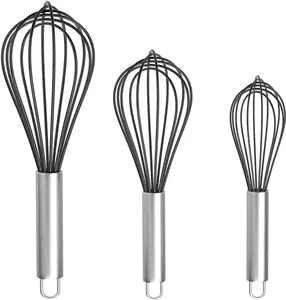 Silicone Whisk, Stainless Steel Wire Whisk Set - 3 PCS Rubber Whisks for Cooking, Non-stick Cookware, Kitchen, Balloon Egg Beater Perfect for Blending, Whisking, Black