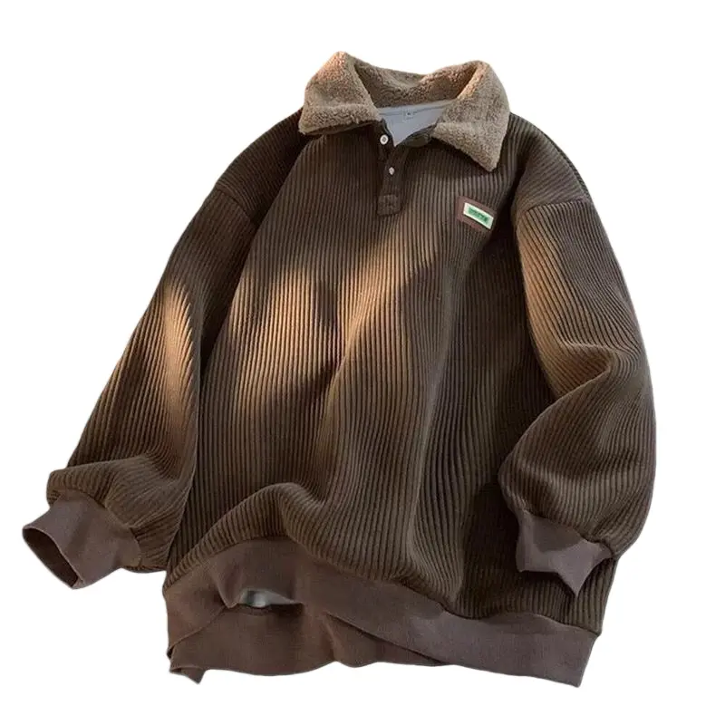 Corduroy Polo Collar Sweater for Couples Autumn Winter Classic Soft Long Sleeve Loose Fit Casual Sweatshirt