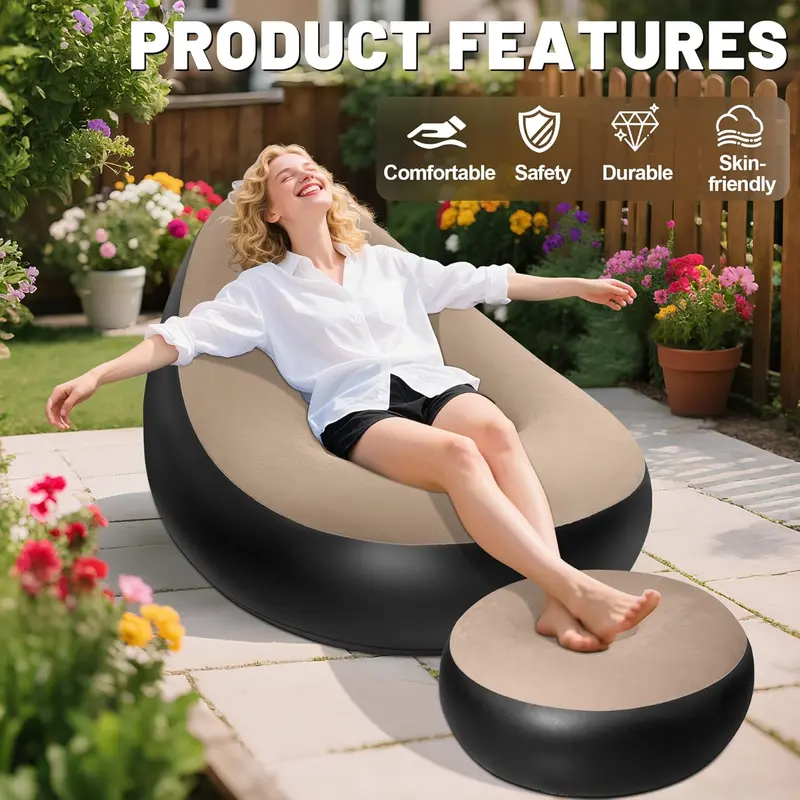 Portable Durable PVC Flock Inflatable Reclining Sofa - Gliding Seat, Footrest, Split Back, Foldable Air Armchair Recliner, 200 Lbs / 90 Kg Capacity Camping Furniture for Indoor/Outdoor Adult Relaxation
