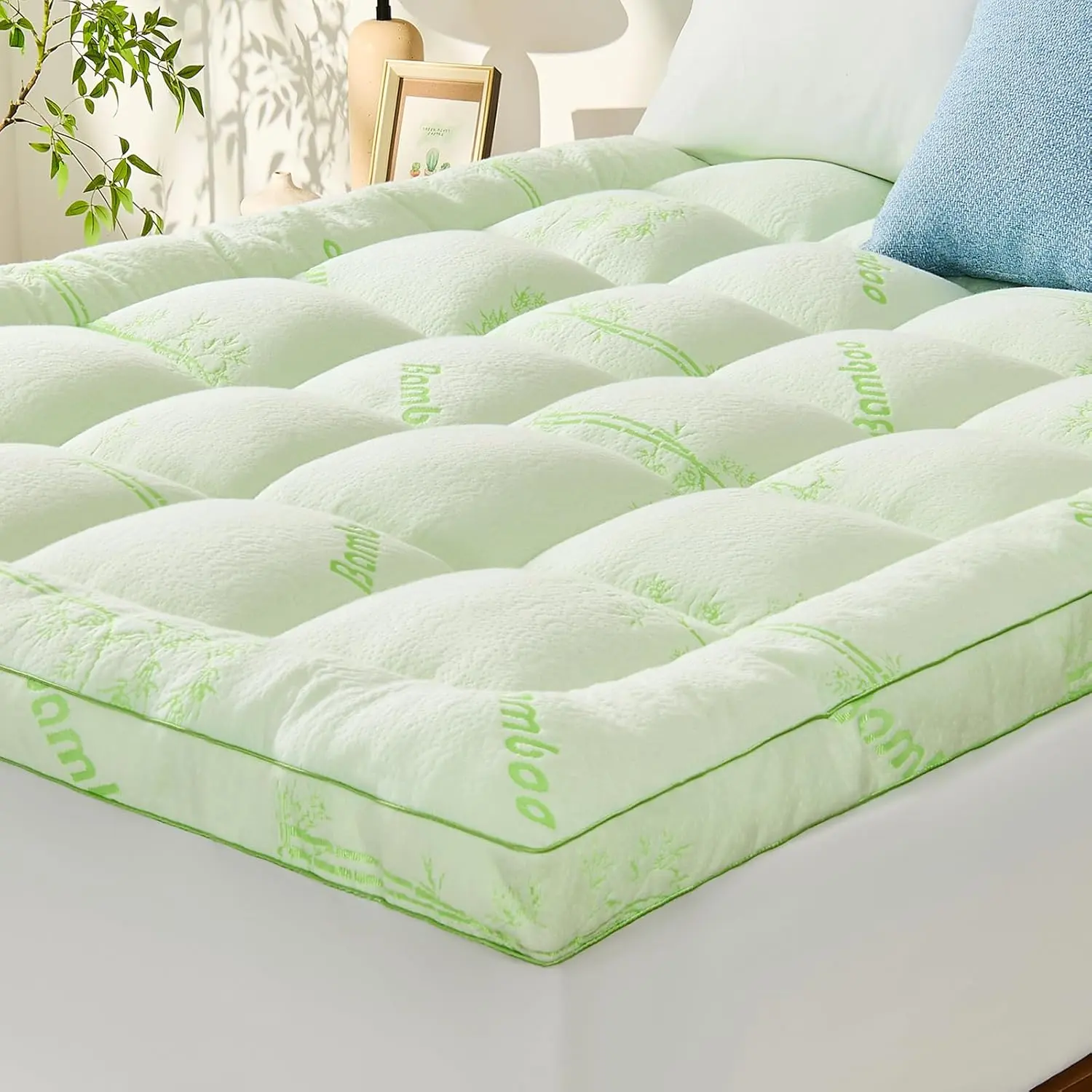 Memory  Mattress Topper - Viscose Made from  Pillow Top Thick Full Size Mattress Pad for  , Ultra Soft & Cooling for Hot Sleepers, 6-18'' Deep Pocket, Green