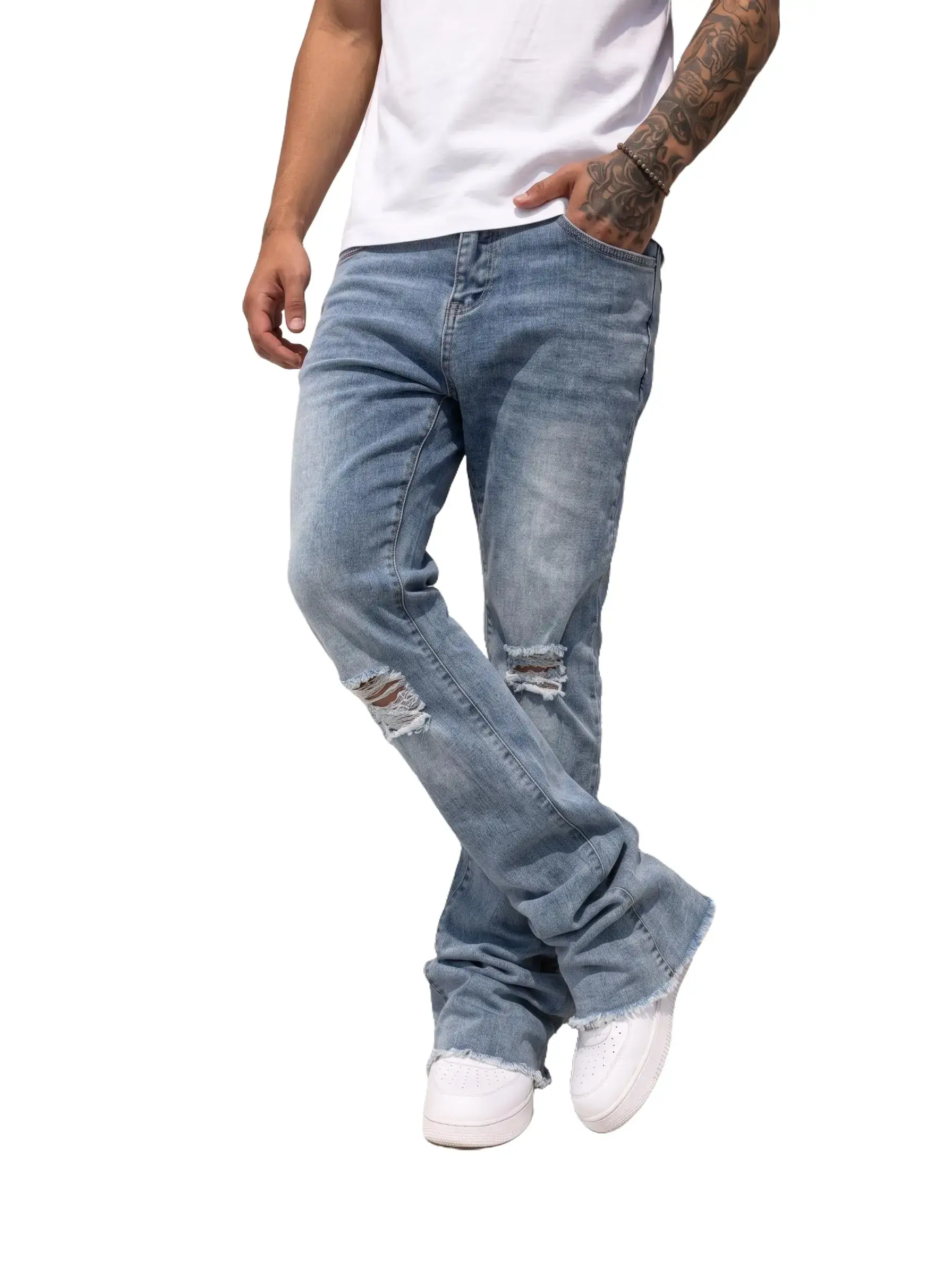 Men's Y2K Stacked Flare Ripped Jeans Men Light Wash Distressed Frayed Hem Bootcut Denim Pants That Make Your Leg Look Longer