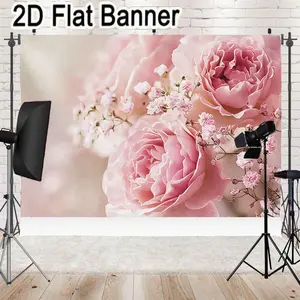 2D flat banner, 1pcSoft Pink Floral Backdrop for Romantic Photography, Pastel Ruffled Petals & Baby's Breath Arrangement for Dreamy Wedding Decor
