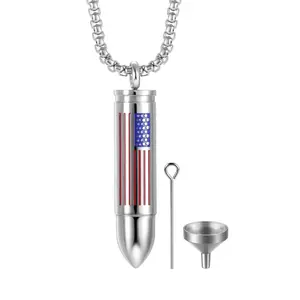 Men's Women's American Flag Bullet Memorial Cremation Necklace Keepsake Ash Urn Holder Jewelry