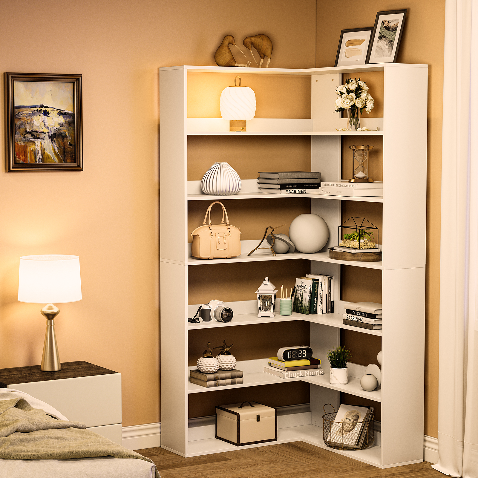 71-Inch L-Shaped Corner Bookcase - 6-Tier Tall Shelf Display Rack For Living Room And Home Office Storage