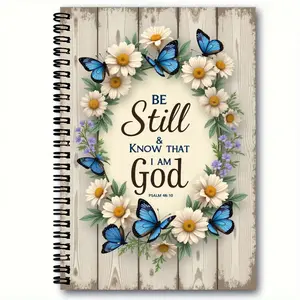 Rustic Wooden Planks Spiral-Bound Notebook - Floral Religious Design with White Daisies, Purple Flowers & Blue Butterflies - 'BE Still & KNOW THAT I AM God' (Psalm 46:10) - Vintage Cozy Aesthetic Memory Journal, Gratitude Journals for Bible Study, Praye