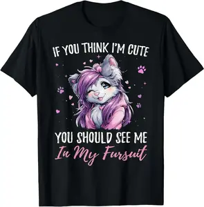 100% Cotton If You Think I'm Cute See Me in My Fursuit Furry Wolf T-Shirt A313
