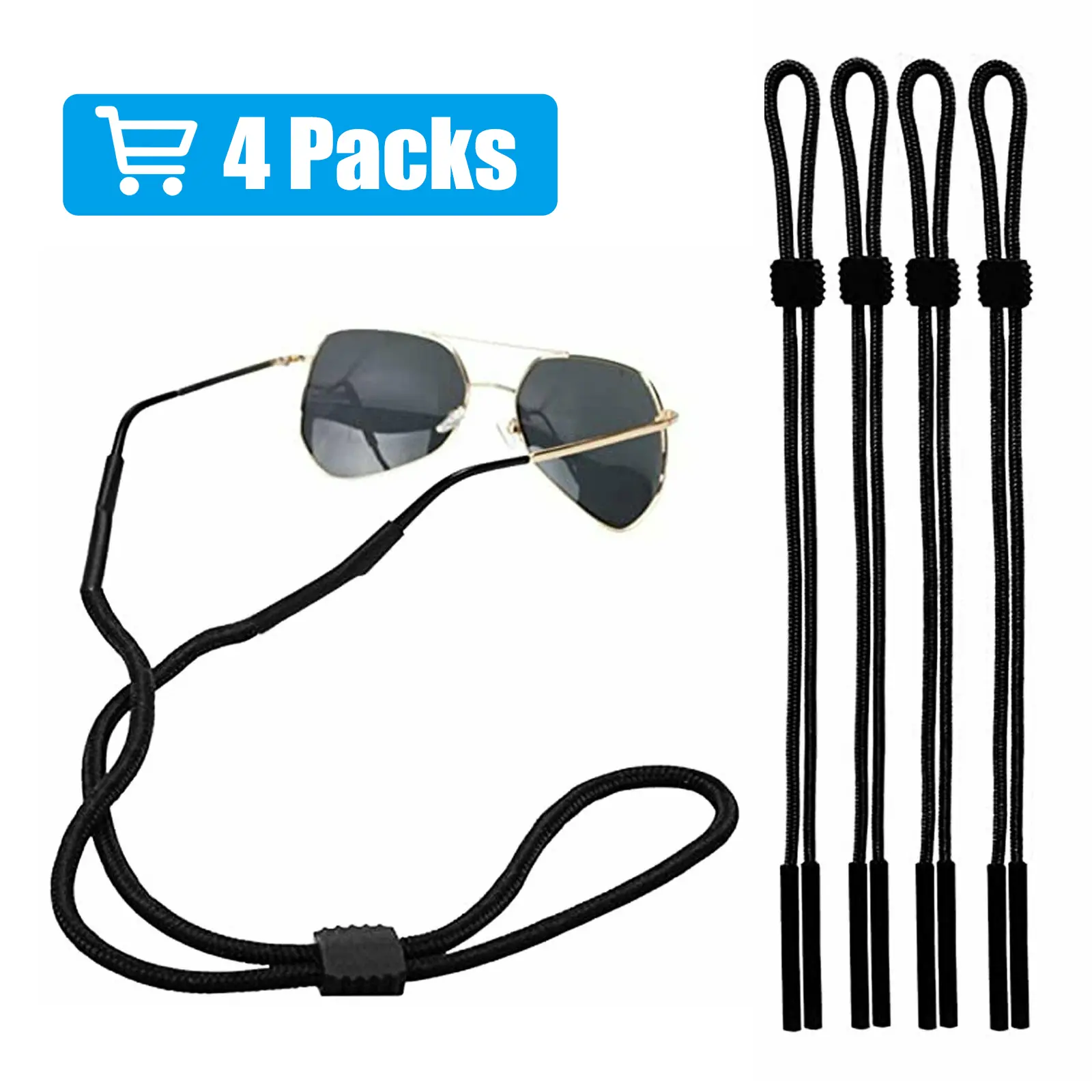Dazone 4PCS Black Adjustable Polyester Unisex Glasses Lanyards - Eye Glasses Holders with Rubber Grips Add Confidence in Motion, Chest-Worn Corded Straps for Sports Sunglasses, Everyday Casual Wear, Grip‑Secure Hold