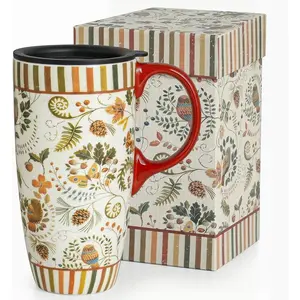 17oz Ceramic Travel Mug with Lid, Coffee Cup with Handle, Floral Design, Microwave & Dishwasher Safe,  for Women Men
