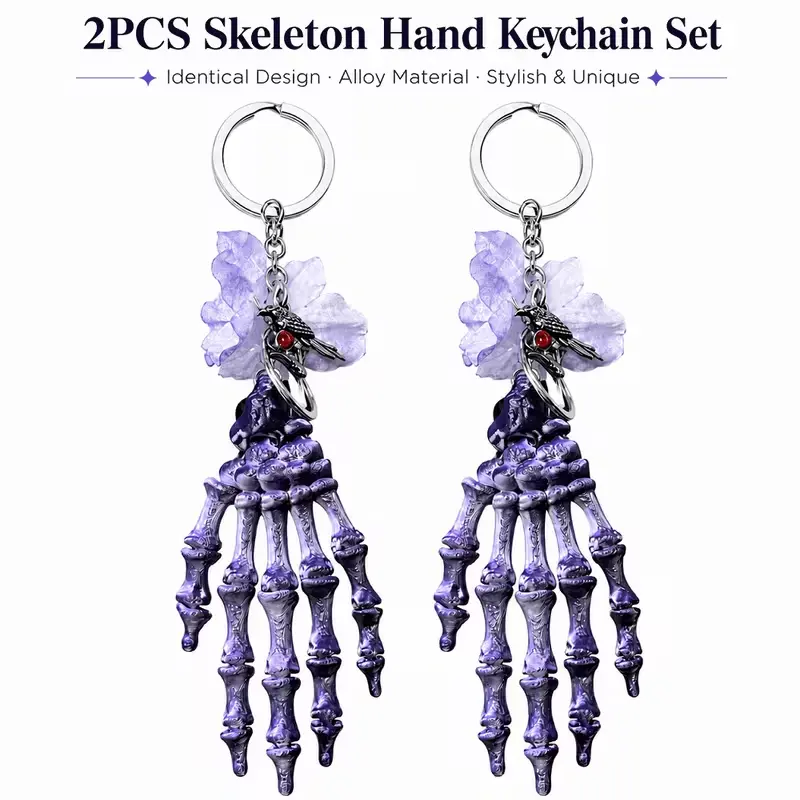 2PCS Gothic Purple Skeleton Hand Keychain Set Skull Flower Crow Bag Charm Dark Halloween Accessory