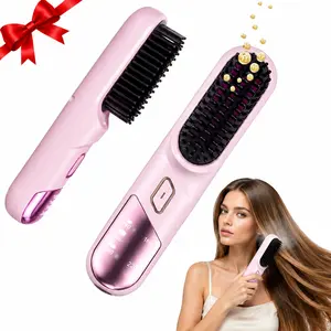 Cordless Hair Straightener Brush for Short Hair & Bangs, Portable Ionic Mini Styler with 9 Heat Settings, Lightweight Travel Hair Comb Smooth Styling Tool Adjustable
