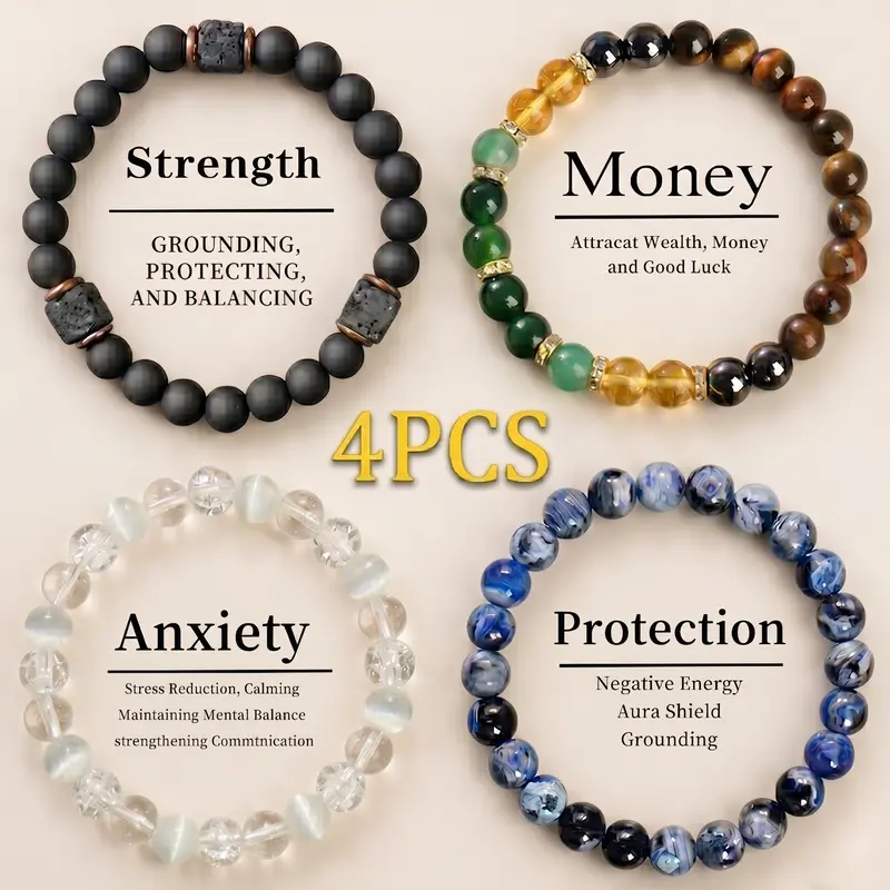 Unisex Minimalist Stackable Crystal Bracelets for Adults - Tiger Eye, Obsidian, Hematite Beads, Protection, Money Attraction, Anxiety Relief, Strength - Unique Jewelry, Men's Accessories, Cool Birthday Gifts for Daily Wear