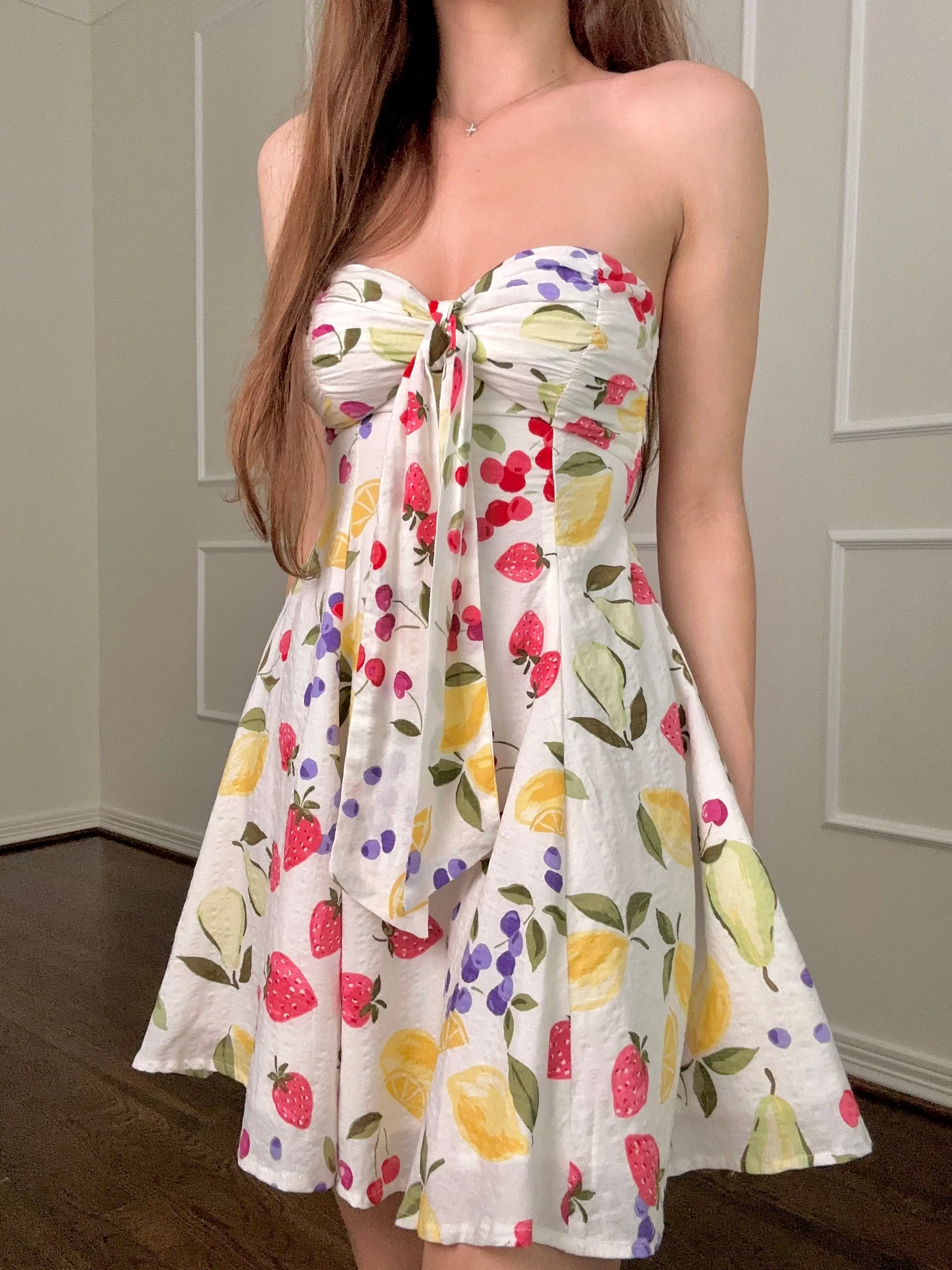 fruit cocktail dress Sweetness To Spare Pink Fruit Print Cotton Strapless Maxi Dress