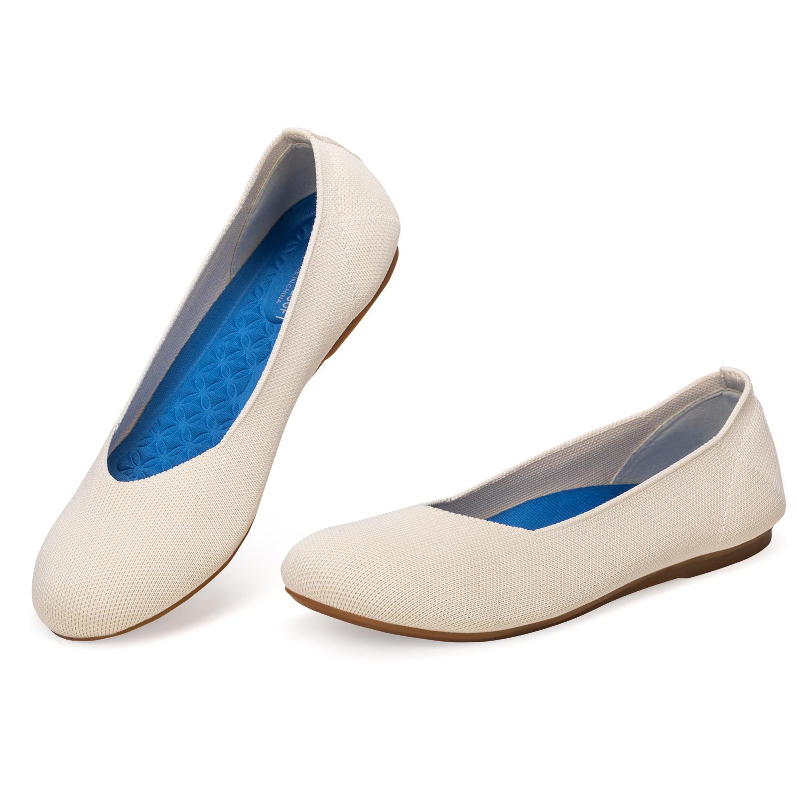 Flatgios Women's Ballet Flats Knitted Round Toe Flat Women's Walking Shoes Comfortable Casual Shoes Cream-8