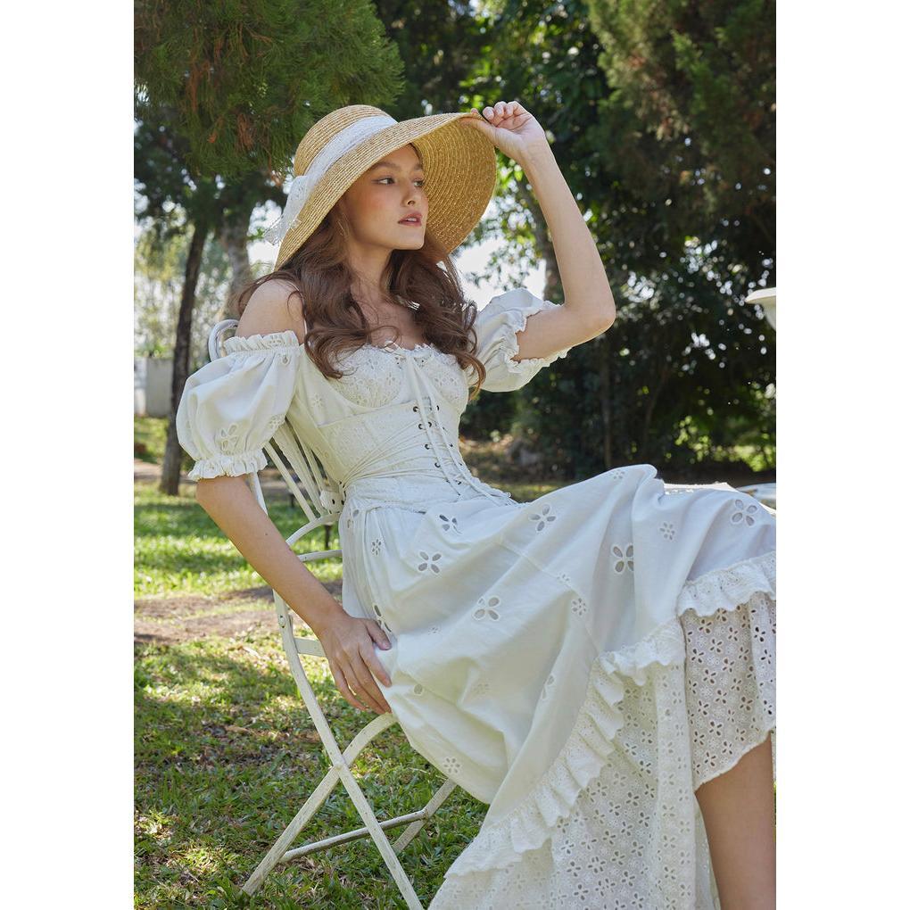 "I Flipped" Corset Dress - Heartache Design Retro Pastoral Style 100% Cotton Shell with Fishbone Support for Attractive Curves White Fashion graduation dress