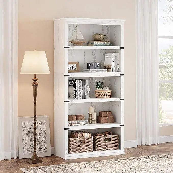 Gaomon 5-Tier Rustic Farmhouse MDF Wood Bookshelf, 67.4 in Tall Storage Bookshelf with Easy Setup & Heavy Load Capacity for Living Room, Home Office - White, Rustic Bookshelf
