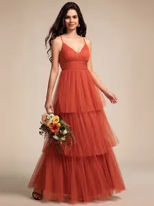 Ever-Pretty  Tiered Spaghetti Strap Tulle Maxi Bridesmaid Dress - Womenswear, Comfortable Design, Ideal for Bridesmaids 02219