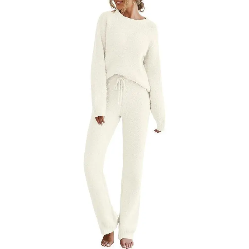 Fuzzy Fleece Long Sleeve 2 Piece Loungewear Outfits Sweater Pants Pajama Sets