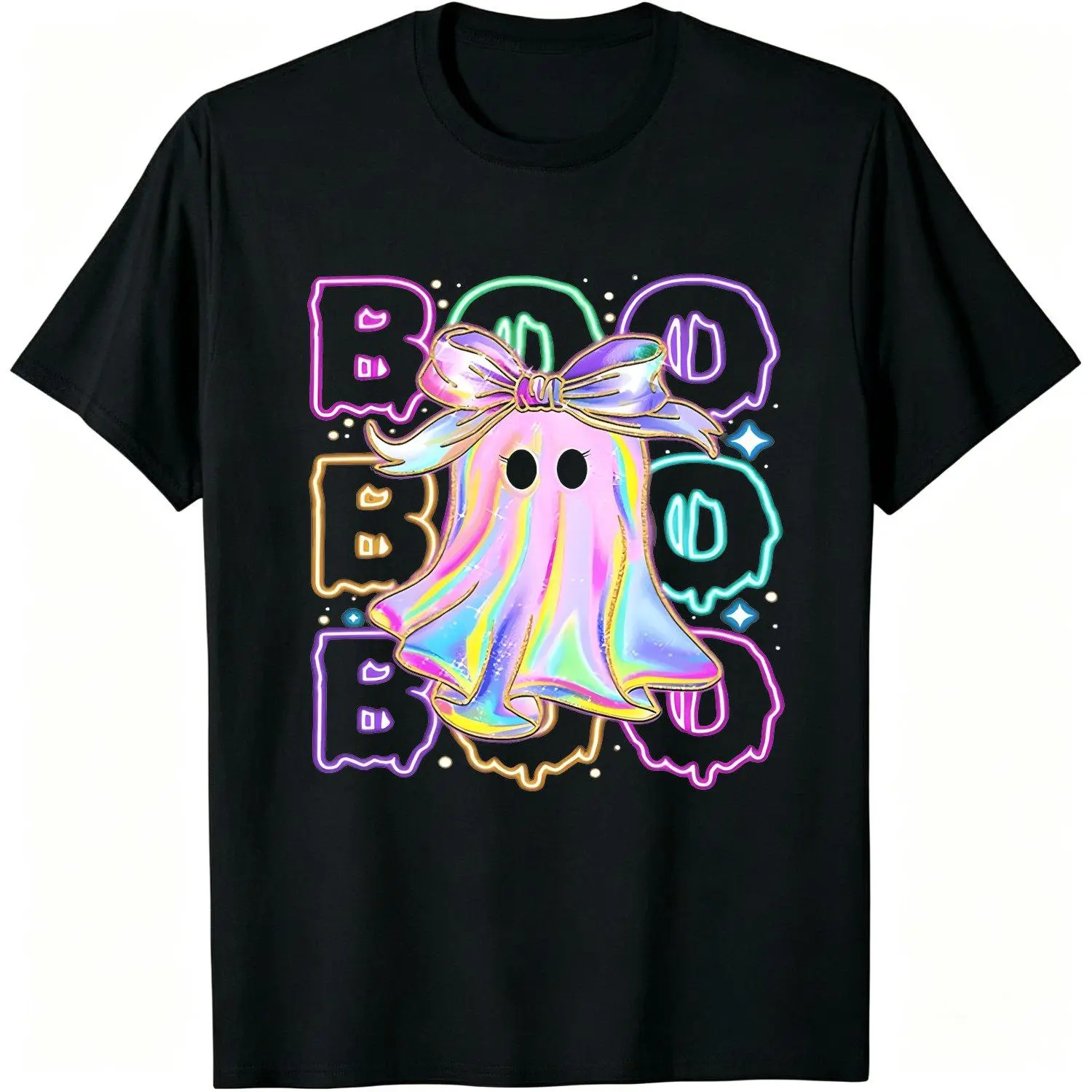 Unisex Plus Size T Shirt Neon Glow in the Dark Ghost Bow Graphic Tee Perfect for Halloween Parties and Thanksgiving Casual Short Sleeve Crew Neck