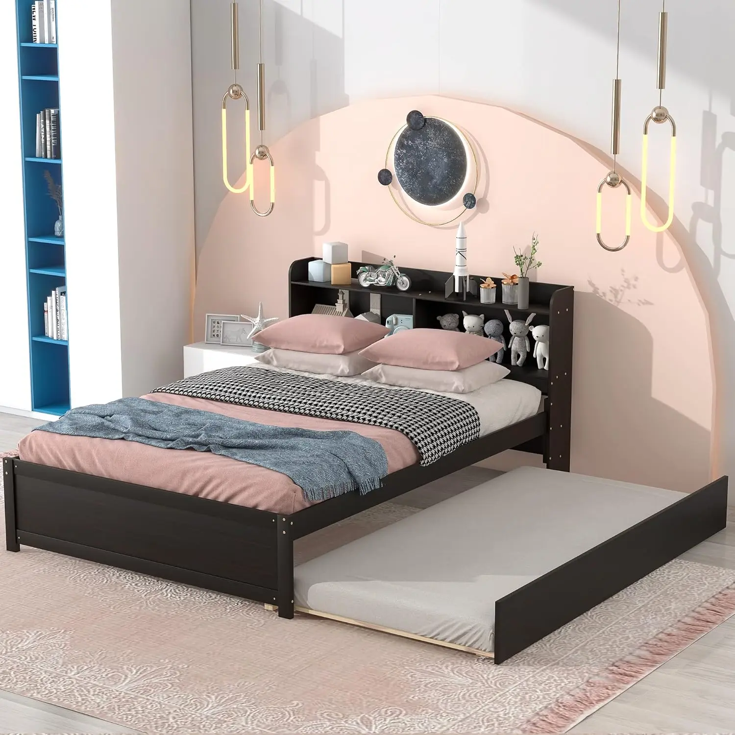 Thinkstar Full-Size Captain's Bed with Trundle | Wooden Platform Bed with Bookcase Headboard for Kids & Teens thinkstar