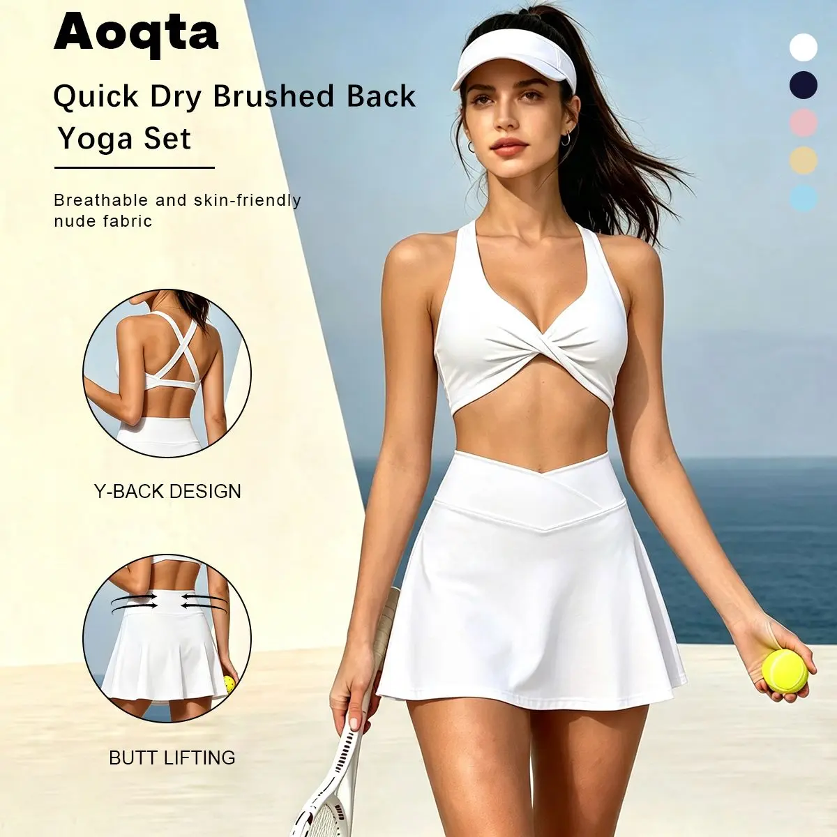 Aoqta Women's 2-Piece Knitting Sports Set - Female Sleeveless Twist Crop Top, High Waist V-Cut Flare Tennis Skort with Liner Shorts, Breathable Lounge Wear for Daily Workout, Gym, Clean Girl Aesthetic