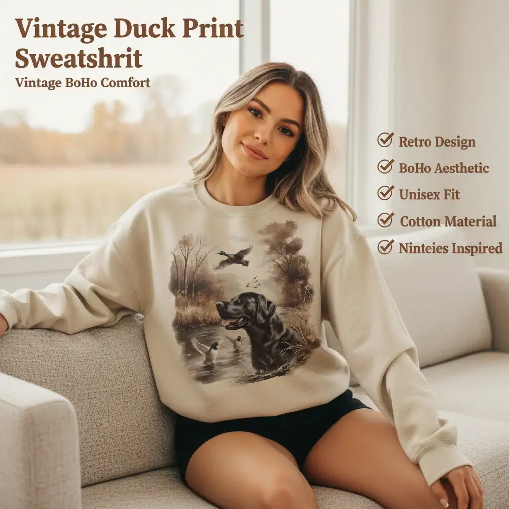 Women's Retro Black Lab-Hunting Mallard Ducks 90s Hoodie, Unisex Chic Ash Cotton-Polyester Garment, Vintage Boho Hunting Outfit