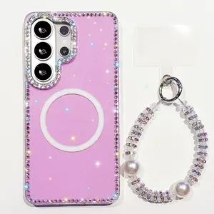 Strong Magnetic Case Glitter Wrist Strap Lanyard Phone Case Smartphone Protective Cellphone Accessories For Samsung S24 S25 FE S26 S25 Plus S23 Ultra 5G Transparent PC +TPU Hard Diamond Cover Protector