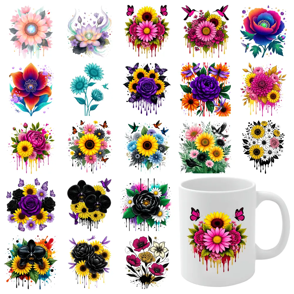 21 Pcs Floral Drip UV DTF Self-Adhesive Stickers - Waterproof Decals, Rub-On Transfers for DIY Crafts, 16 oz Glass, Plastic Water Bottles - Home Decor Labels