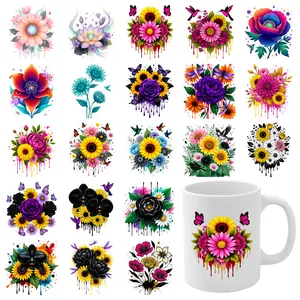21 Pcs Floral Drip UV DTF Stickers Waterproof Decals Waterproof Rub on Transfers DIY Water Bottle Glass Suitable for 16 oz Glass Plastic Self-Adhesive Labels