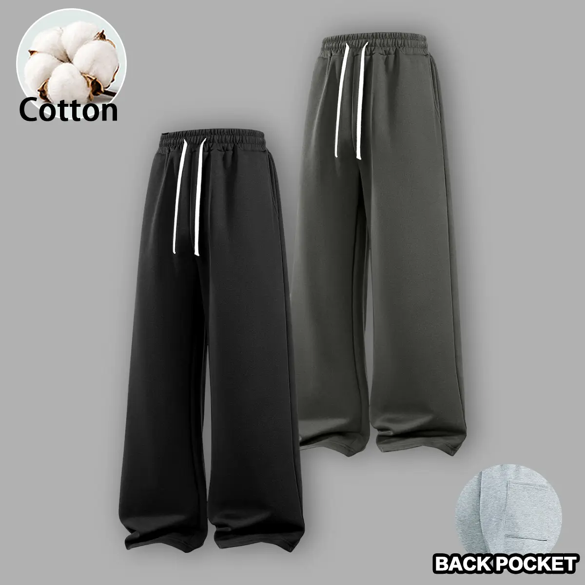 Men's Pure Cotton Loose Wide Straight Leg Sweatpants - Drawstring Elastic Waist, 1 Back Pocket, Soft Breathable Quiet Luxury Trousers for Mature Gentlemen, Spring Fall Daily Streetwear, Multiple Neutral Colors