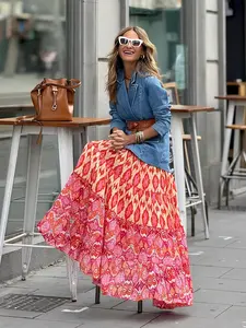Boho Print Bohemian High Waist Midi Skirt for Women, Ethnic Style Flowy Dress, Vacation Beach Half Skirt, Slimming Cake Layered Design
