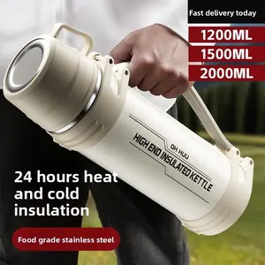 Outdoor Portable Large Capacity Insulated Water Kettle, Stainless Steel Lid, Double Wall Vacuum Flask, Sports Hiking Camping, 1.2L 1.5L 2L Customizable