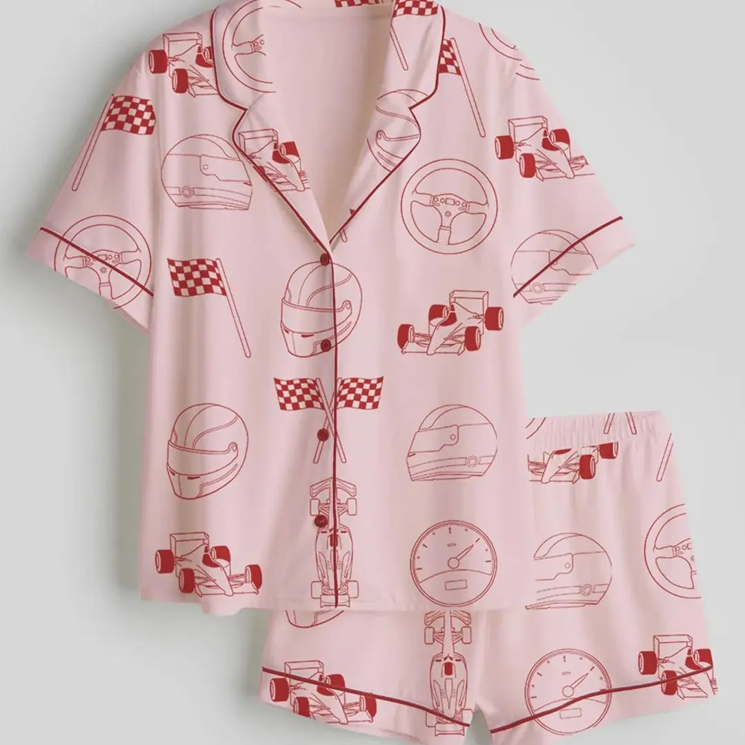 Race Car Pajama Set for Women – Cute Formula Racing Print Short Sleeve Button-Up Sleepwear, Motorsport Lover Pajamas, Pink Racing Theme Gift