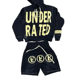 Fanatik Lair UNDERRATED Double Waist Short & Hoodie Sweat Set Unisex Fashion Daily Wear Cotton Embroidery Distressed Design