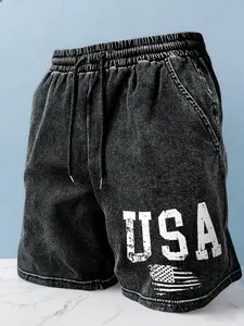 Men's Vintage Washed Usa Flag Shorts, Patriotic American Print Drawstring Sweatpants, Summer Casual Sports Fitness Shorts