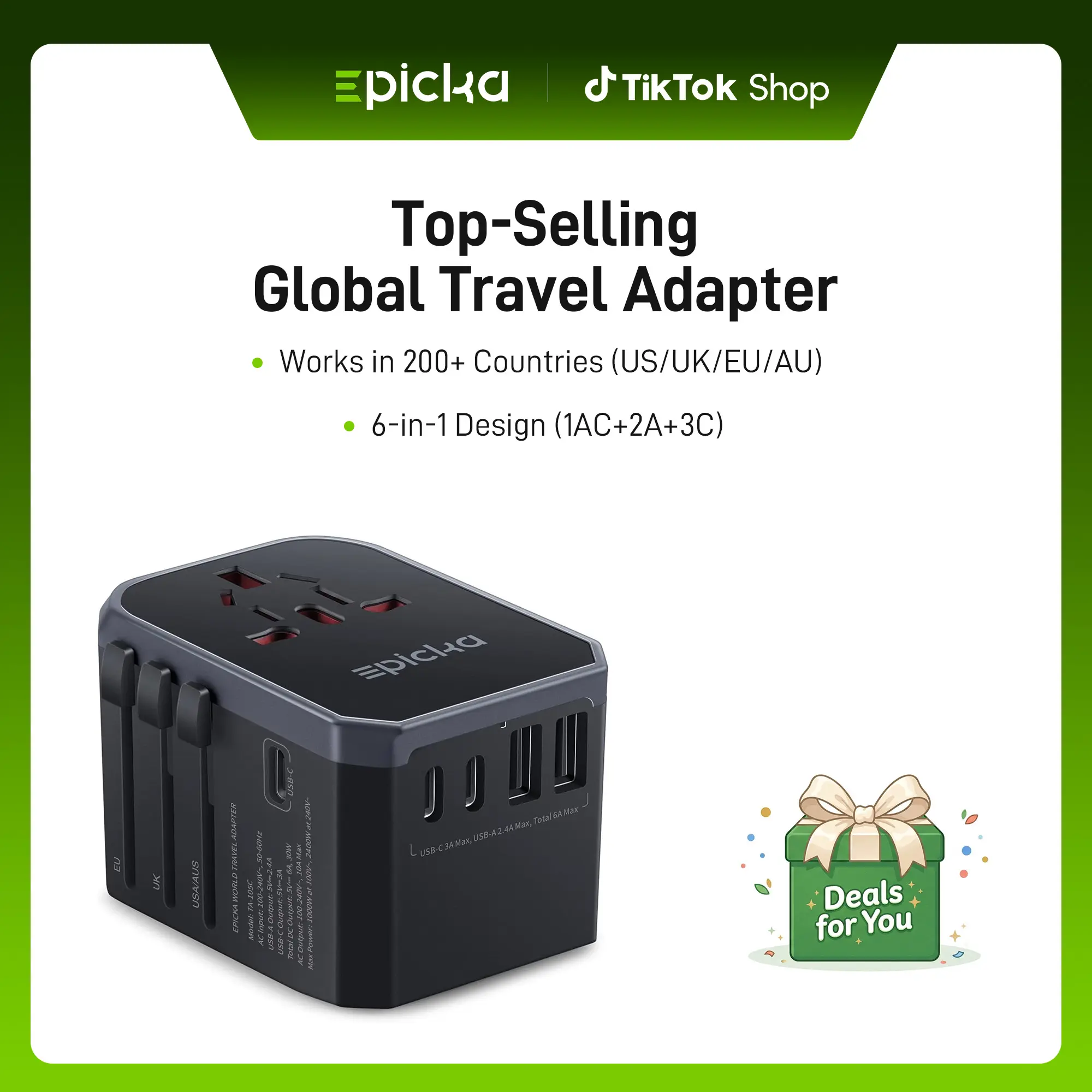 EPICKA Universal Travel Adapter, International Power Adapter with 2 USB-A & 3 USB-C Ports Wall Charger - Worldwide Travel Essentials, European Travel Plug Adapter for UK/US/AU (TA-105C, Black)
