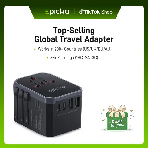 EPICKA Universal Travel Charger Adapter - 110v-220v AC Power Supply Adapter with 5 Ports (2 USB-A, 3 USB-C), Aluminum-Plastic Body, Lightweight Charging Solution for Smartphones, UK/US/AU (TA-105C, Black)
