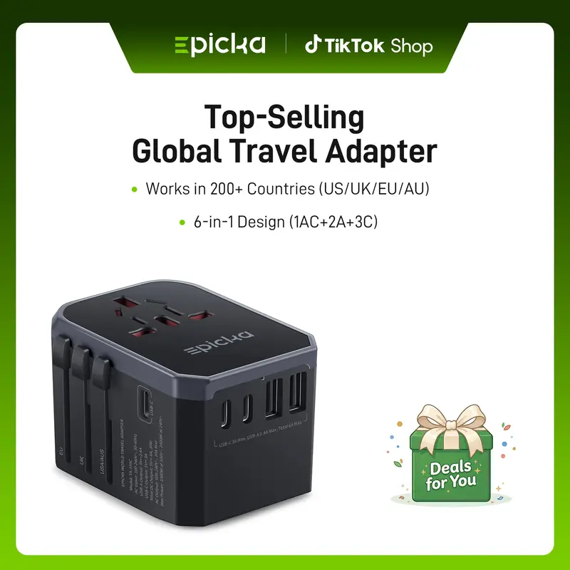 EPICKA Universal Travel Charger Adapter - 110v-220v AC Power Supply Adapter with 5 Ports (2 USB-A, 3 USB-C), Aluminum-Plastic Body, Lightweight Charging Solution for Smartphones, UK/US/AU (TA-105C, Black)