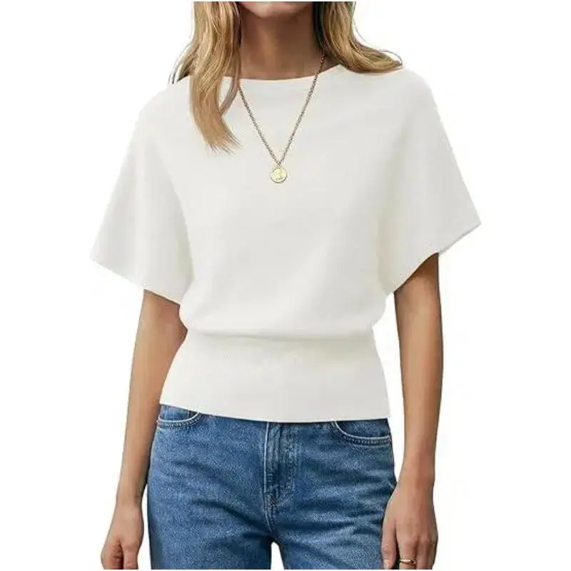 Imily Bela Women's Batwing Short Sleeve Sweater Top - Stylish Casual Wear with Unique Silhouette for Everyday Comfort