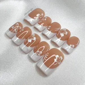 Custom Press On Nails! 10 fake handmade high quality trendy cute frenchies French tip white cute hibiscus tulip flower fall vacation season