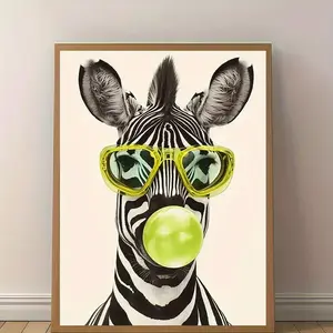 1pc Stylish Zebra Canvas Art Print with Glasses & Bubble Gum - Unique Black & White Striped Animal Wall Decor for Living Room, Bedroom, Office, Bar - Frameless, Indoor Use, Modern Wall Art, Modern Wall Decor | Stylish Zebra Design | Frameless Canvas
