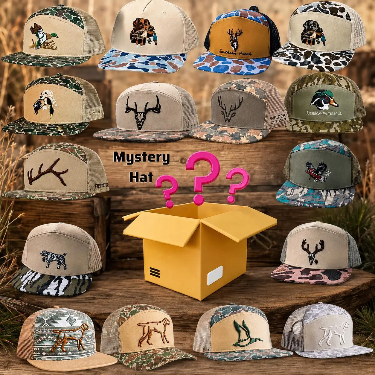 [ BUY 1 GET 1 ] Random One Camo Hunting Hat Sent, Antler Southern Duck Hunting, Deer Skull, Marsh Fieldstone Bottomland Camo Azteca Snapback Mesh Unisex Camo Trucker Hat