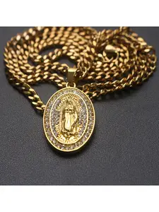 Heavy-duty fully encrusted Guadalupe Virgin pendant with gold Cuban link chain. Unique and exclusive design, a sophisticated faith-inspired necklace.